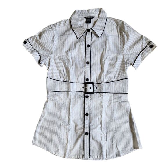 Maurices White Black Pinstripe Collared Short Sleeve Button Front Top sz S - Picture 1 of 11